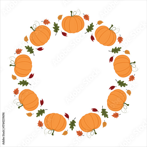 Autumn pumpkin wreath. National Pumpkin Day. Harvest festival. Halloween holiday. Thanksgiving Day. Vector element for design.