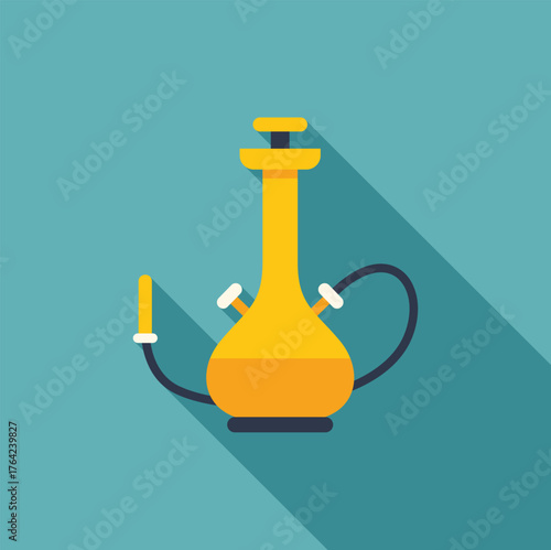 Hookah with two hoses and long shadow standing on turquoise background