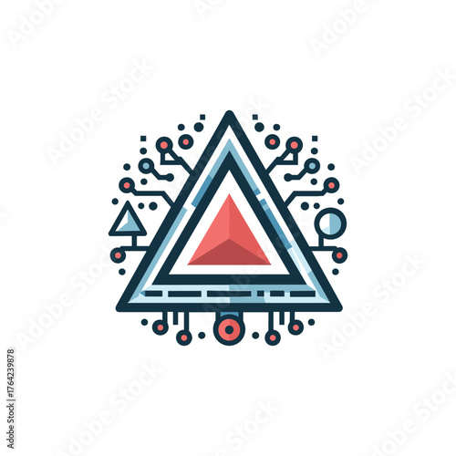 Abstract geometric triangle with circuit board elements and small circles.