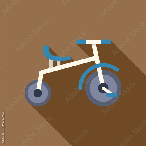 Blue and white three wheeled bicycle for small children staying on brown background