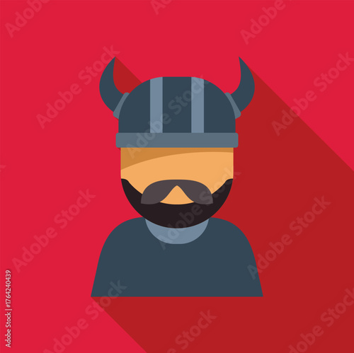 Portrait of a viking warrior wearing a horned helmet and sporting a thick beard, set against a vibrant red backdrop