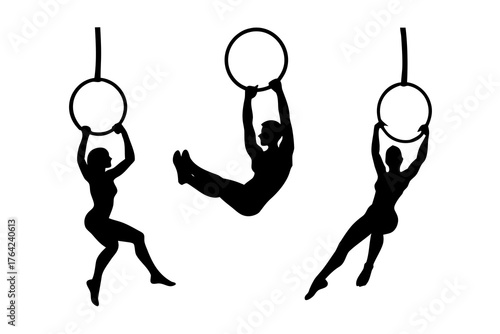 Silhouette of a gymnast on rings, dynamic vector illustration isolated on white background