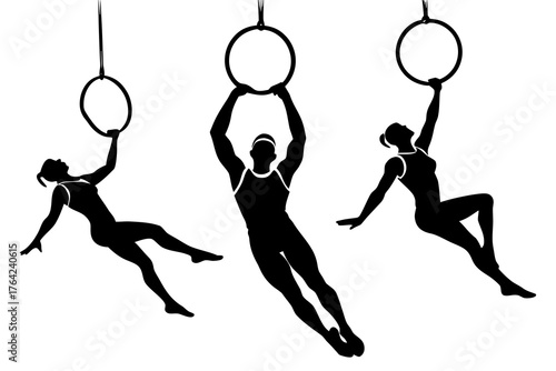 Silhouette of a gymnast on rings, dynamic vector illustration isolated on white background