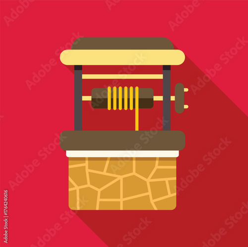 Stone water well with wooden crank and yellow rope for scooping water, isolated on red background