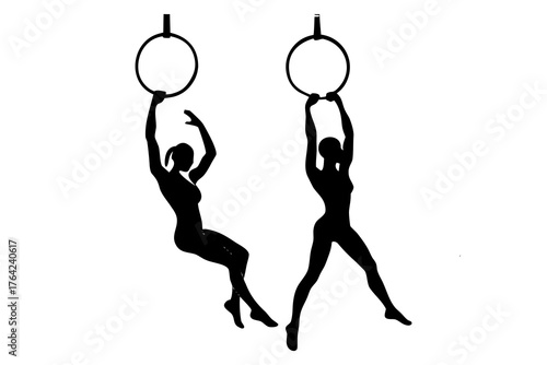 Silhouette of a gymnast on rings, dynamic vector illustration isolated on white background