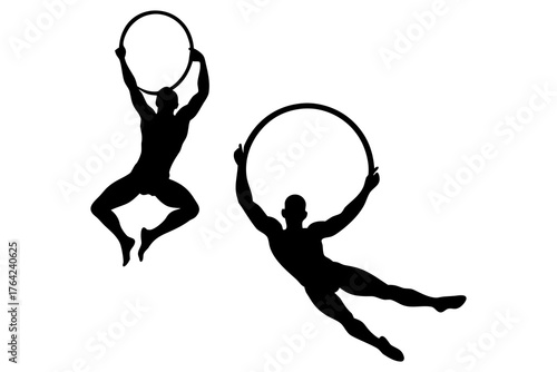 Silhouette of a gymnast on rings, dynamic vector illustration isolated on white background