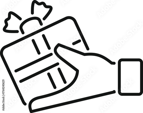 Line drawing of hand holding gift box with ribbon, perfect for representing giving or receiving presents