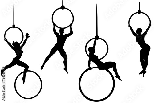 Silhouette of a gymnast on rings, dynamic vector illustration isolated on white background
