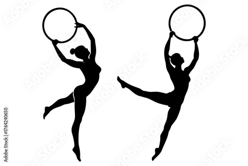Silhouette of a gymnast on rings, dynamic vector illustration isolated on white background
