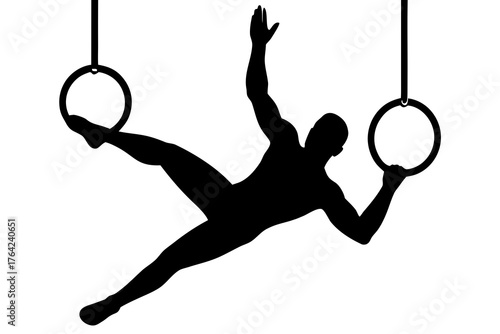 Silhouette of a gymnast on rings, dynamic vector illustration isolated on white background
