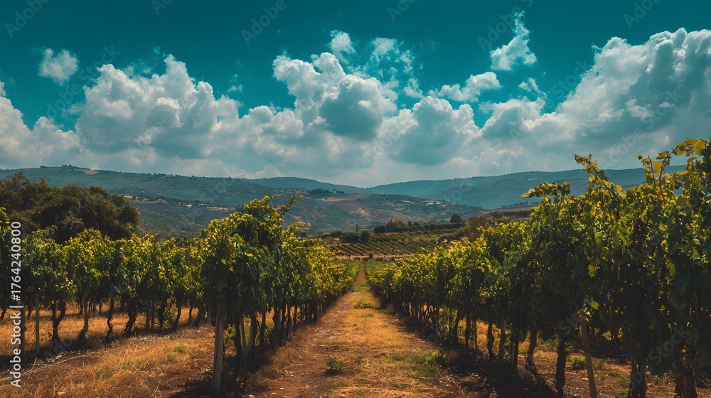 Naklejka premium Rows of lush grapevines stretch towards distant rolling hills under a dramatic sky