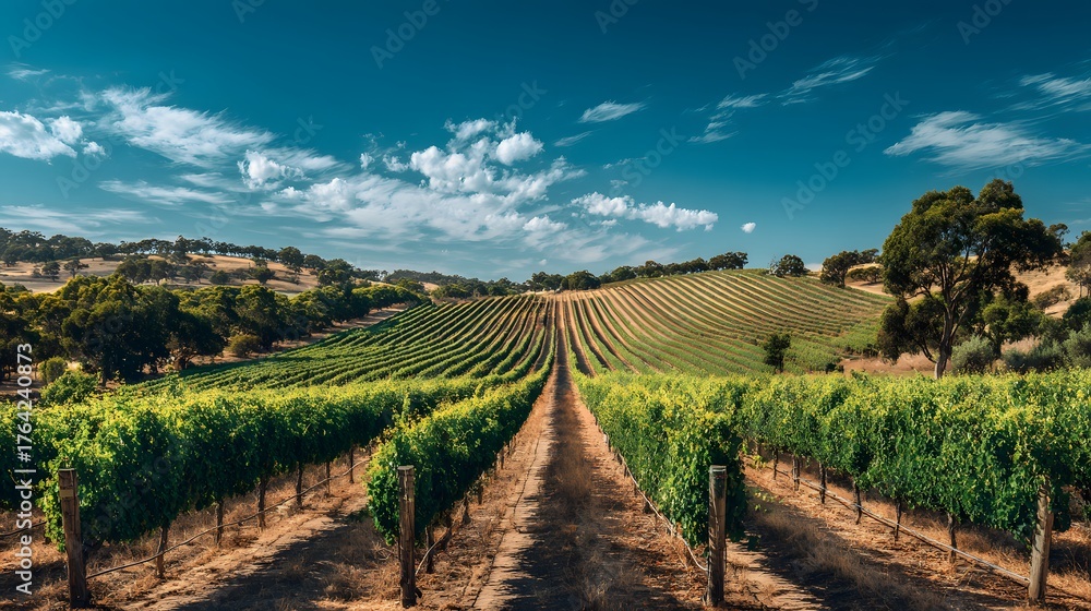 Naklejka premium Expansive rows of grapevines stretch across rolling hills under a bright blue sky