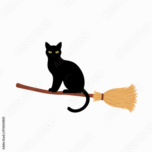 Elegant black cat rides a broomstick for Halloween holiday fun