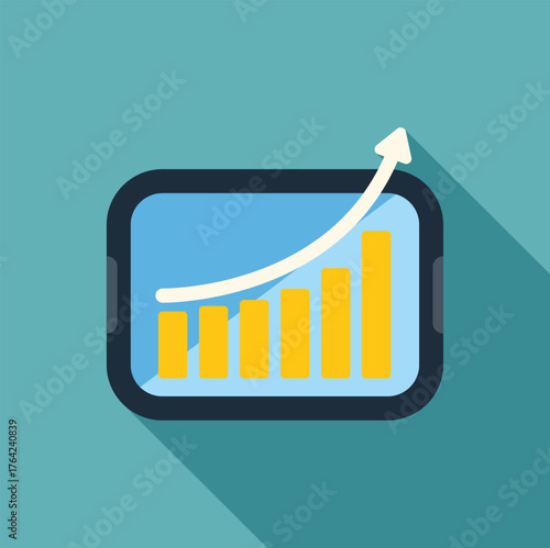Business growth concept with increasing bar graph and rising arrow on a tablet screen, symbolizing positive financial progress
