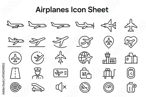 Aviation Icon Sheet: A comprehensive icon sheet showcasing a variety of airplane illustrations and aviation-related symbols, designed for effortless integration into designs.
