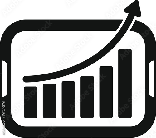 Growing bar chart on a tablet with upward trend arrow, representing increasing business profits