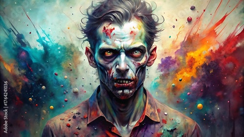 Fototapeta Naklejka Na Ścianę i Meble -  A terrifying zombie portrait exploding with vibrant colorful paint splashes