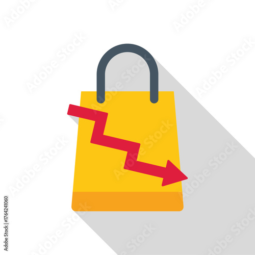 Yellow shopping bag with red downward arrow indicating decreasing sales, falling demand, and economic downturn