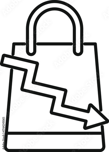 Simple line icon representing a decrease in sales, symbolized by a shopping bag with a downward trending arrow