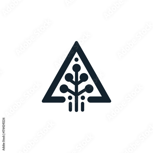 Abstract logo featuring a triangular frame enclosing a stylized plant-like structure with circular nodes and vertical lines, blending nature and technology.