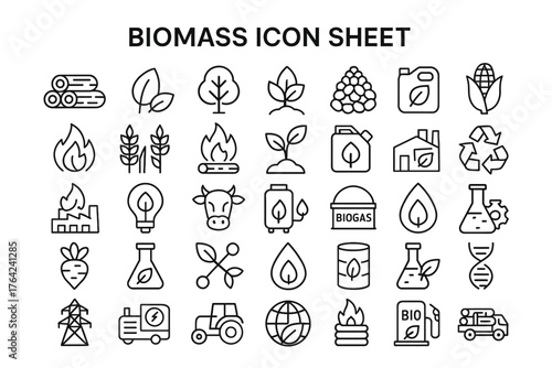 Biomass Icons: A collection of meticulously crafted, minimalistic icons representing various elements and processes associated with biomass energy.