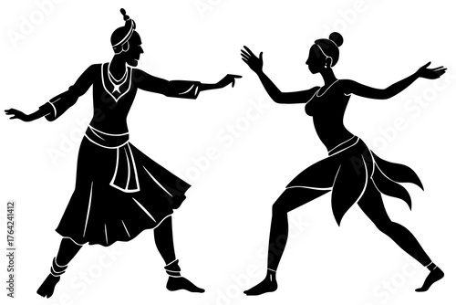 silhouette of a dancer doing traditional asian dance, vector, editable isolated on white background