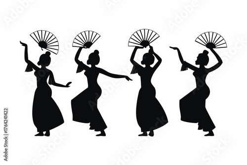 silhouette of a dancer doing traditional asian dance set, vector, editable isolated on white background