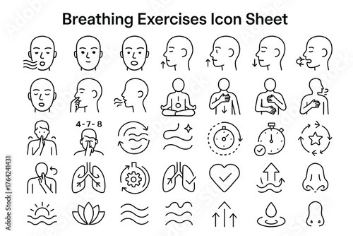 Breathing Exercises Icon Sheet: A comprehensive icon sheet guides users through various breathing exercises. Featuring detailed graphics for mindful wellness and body care.