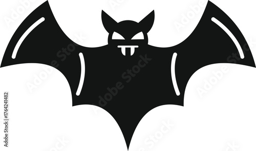 Black silhouette of bat showing fangs flying with open wings, ideal for halloween party decoration