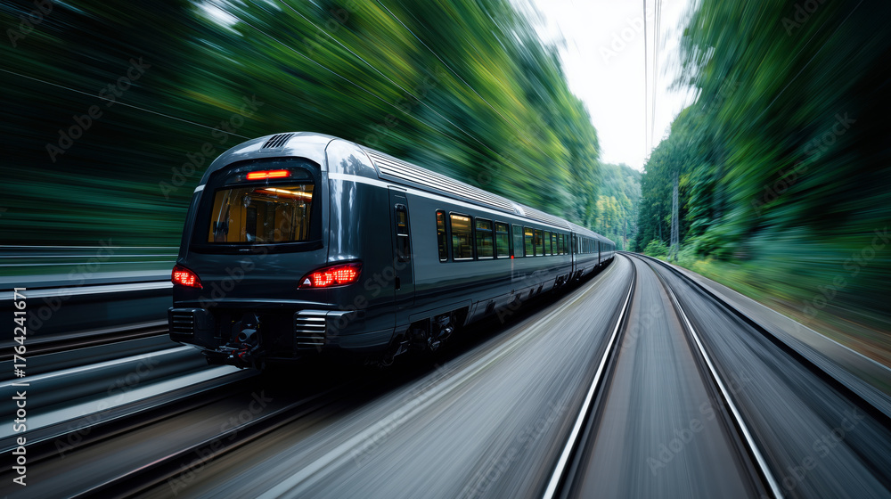 Naklejka premium Train is traveling down a track with trees in the background. The train is moving quickly and he is in motion
