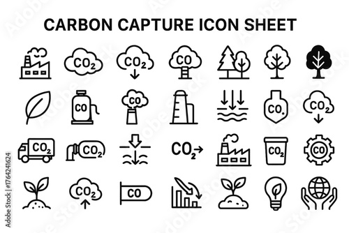 Carbon Capture Icon Sheet: An array of minimalist icons presents the vital process of capturing carbon, encompassing diverse elements such as factories, CO2 clouds.
