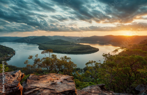 Dramatic sunset over a winding river valley