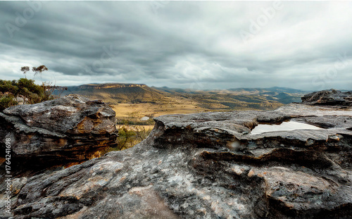 Rugged rocky landscape under dramatic cloudy sky