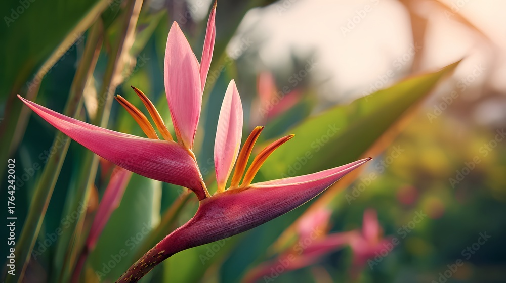 Fototapeta premium Tropical pink bloom showcases vibrant colors against a soft, sunlit background