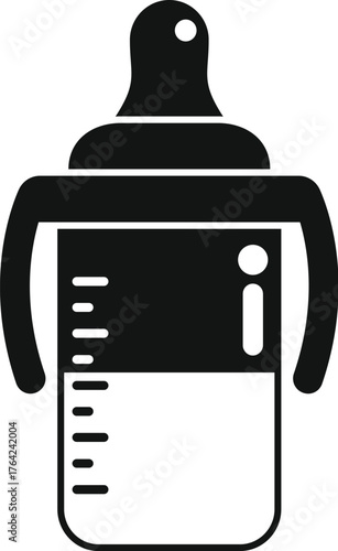 Baby bottle icon representing infant feeding, featuring handles for easy grip and measurement marks for precise feeding