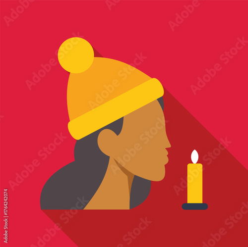 Side view of female wearing yellow winter hat looking at burning candle, minimalist flat design with long shadow