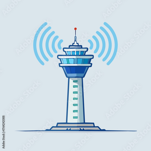 Air Traffic Control Tower Emitting Radio Waves for Communication and Navigation.