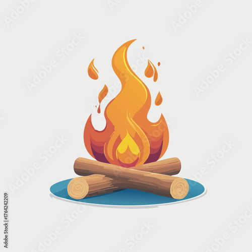 Campfire Illustration - Burning Flames and Wooden Logs on Blue Surface.