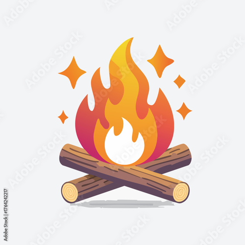 Campfire burning brightly with flames and wooden logs.