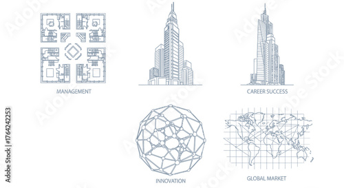 Abstract business concept graphics depicting management, career, innovation, and global market