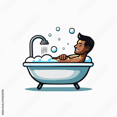 Man relaxing in a bubble bath with shower running.