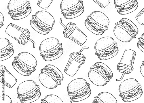 Seamless burgers and soft drinks hand-drawn sketch pattern in black and white. Ideal for fast food-themed designs, restaurant branding, packaging, or promotional materials