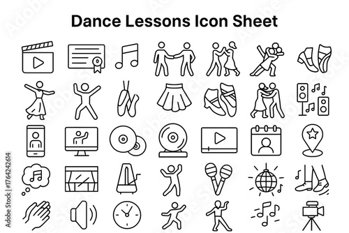 Dance Lessons Icons: A comprehensive array of icons representing various facets of dance education, perfect for visual communication.