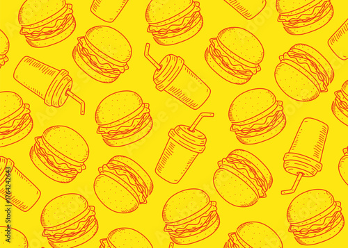 Seamless burgers and soft drinks hand-drawn sketch pattern in yellow background. Ideal for fast food-themed designs, restaurant branding, packaging, or promotional materials