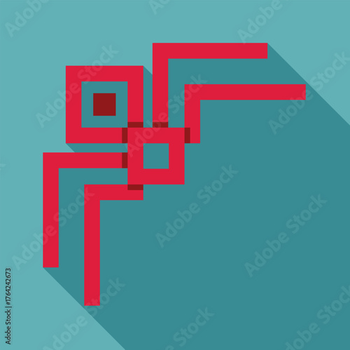 Intricate red geometric pattern casting a long shadow on a vibrant turquoise backdrop, creating a modern and abstract visual