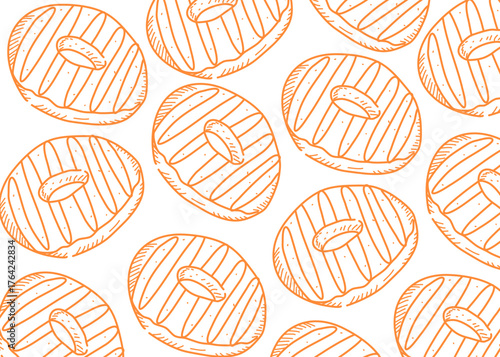 Seamless hand-drawn pattern of donuts with striped toppings, in brown doodle style. Perfect for backgrounds, food packaging, bakery branding, and sweet-themed design projects