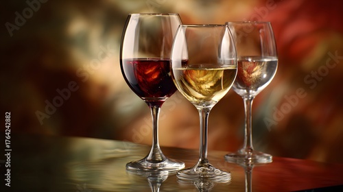 Wallpaper Mural Three stemmed glasses showcase different types of poured beverages upon a reflective surface Torontodigital.ca