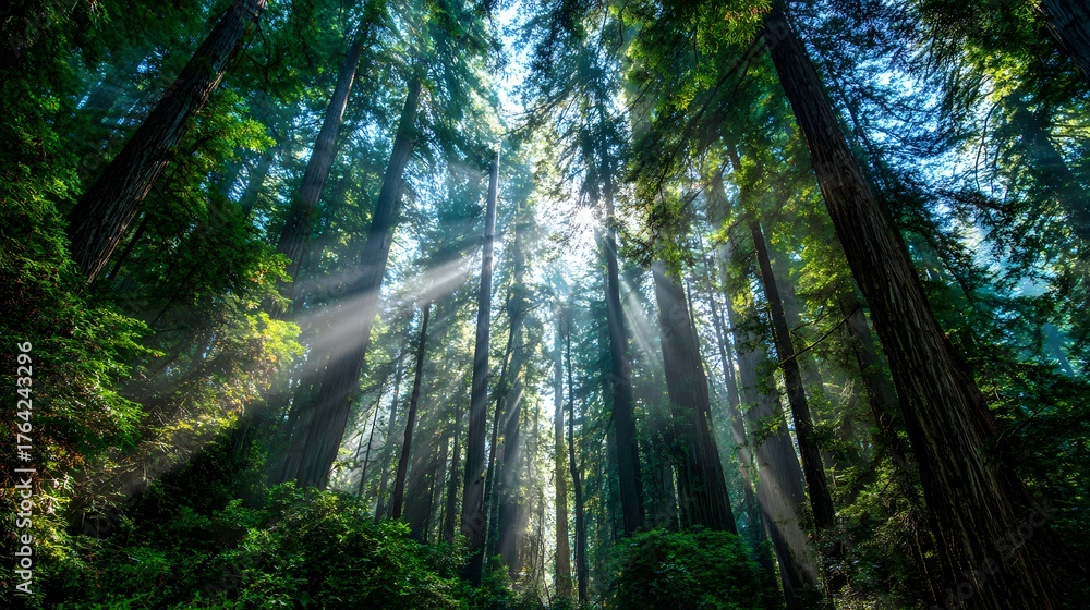 Obraz premium Towering redwood trees create dramatic light beams filtering through the dense canopy.