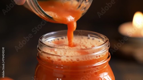 Pouring vibrant orange carrot juice into a glass jar, creating a healthy and refreshing drink with warm candlelight in the background