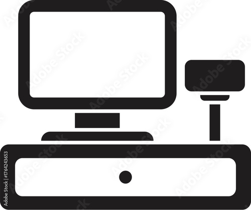 Cash register machine processing a payment with monitor and card reader, ideal for retail and point of sale concepts